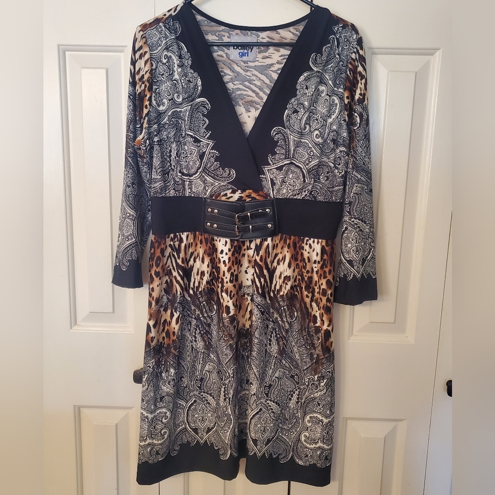 Chic Animal Print Midi Dress with Sew In Front Belt